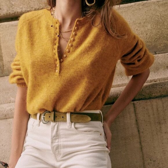 EUC Sézane Leon Wool Mohair Henley Sweater Mustard Yellow XS - Picture 1 of 8